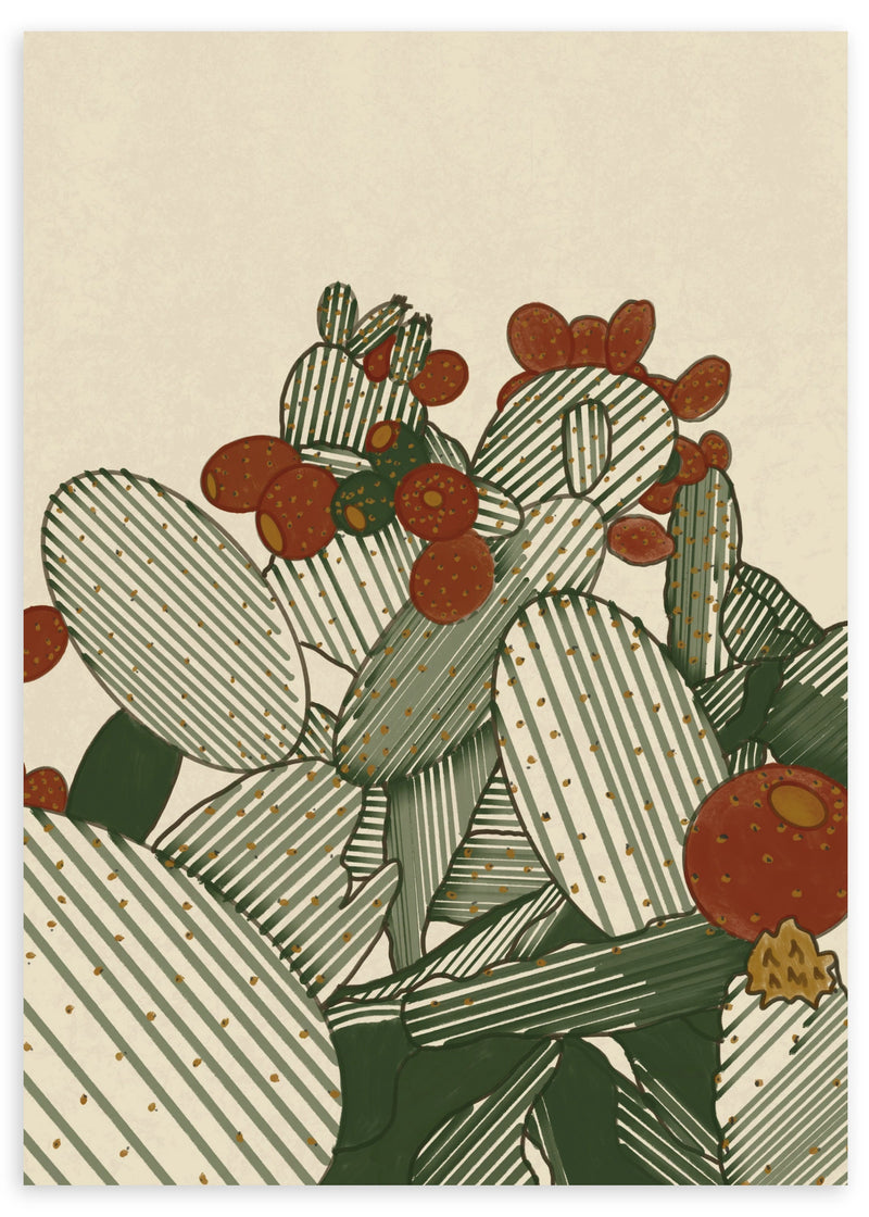 Lámina decorativa sin marco de estilo minimalista y orgánico, ilustración de chumberas con frutos en tonos tierra, modelo Chumberas cactus