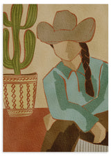 Tableau décoratif sans cadre de style minimaliste et organique, cowgirl dans le désert avec cactus, modèle Desert Cowgirl and Cactus. Disponible sur kudeko.com