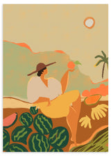 Lámina decorativa sin marco de estilo minimalista y orgánico, mujer tropical con fruta en paisaje cálido, modelo Farmer Guava