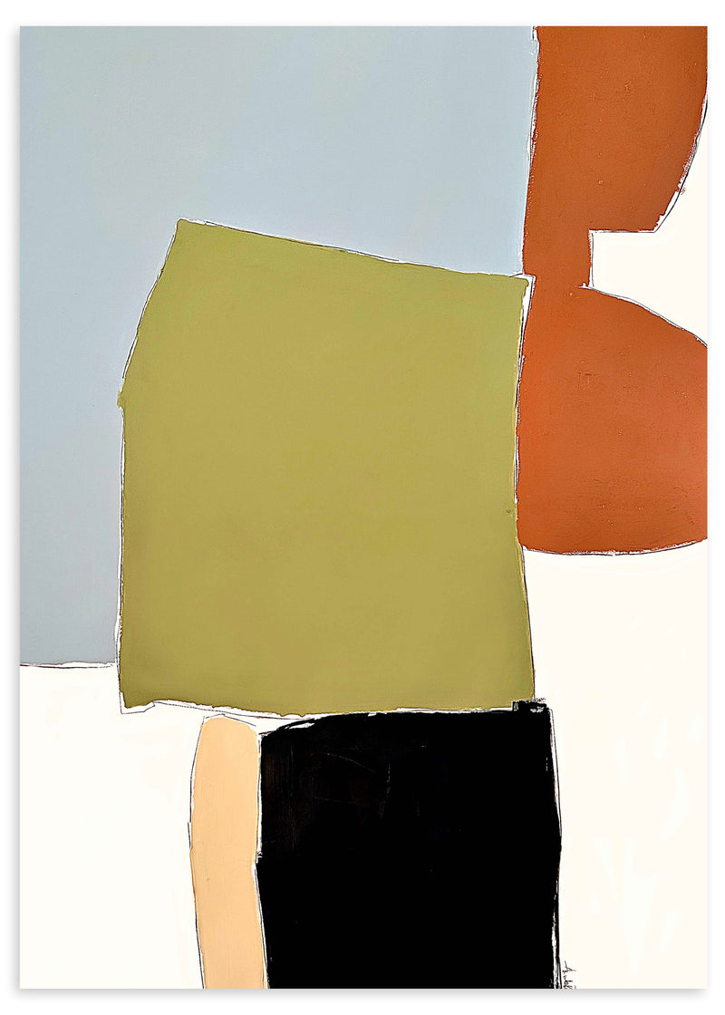 Quadro decorativo sem moldura de estilo minimalista e orgânico, composição abstrata de blocos orgânicos em tons suaves, modelo Muted Abstract Forms. Disponível em kudeko.com