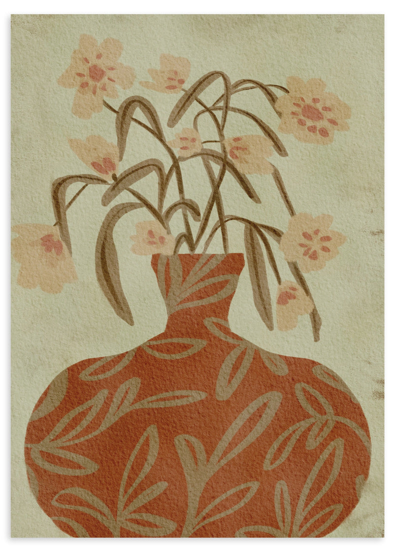 Lámina decorativa sin marco de estilo minimalista y orgánico, jarrón terracota con flores suaves, modelo Terracotta Vase Blossoms