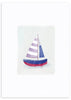 Lámina decorativa sin marco de estilo minimalista y sereno, barco de vela en acuarela, modelo Barco Reflejos Azules