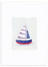 Lámina decorativa sin marco de estilo minimalista y sereno, barco de vela en acuarela, modelo Barco Reflejos Azules