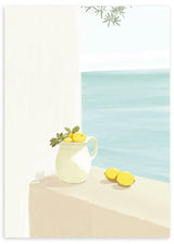 Lámina decorativa sin marco de estilo minimalista y sereno, bodegón veraniego con limones frente al mar, modelo Una ventana al verano