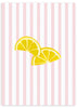 Lámina decorativa sin marco de estilo minimalista y tonos_pastel, rodajas de limón sobre fondo de rayas rosas, modelo Limones Fresquitos