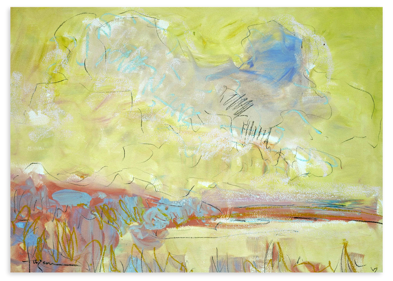 Wandbild ohne Rahmen im organischen und abstrakten Stil, helles abstraktes Landschaftsmotiv in sanften Farbtönen, Modell Abstract Landscape Horizons. Erhältlich auf kudeko.com