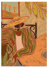 Lámina decorativa sin marco de estilo orgánico y abstracto, mujer con sombrero y vestido a rayas en ambiente tropical, modelo Lady in Stripe
