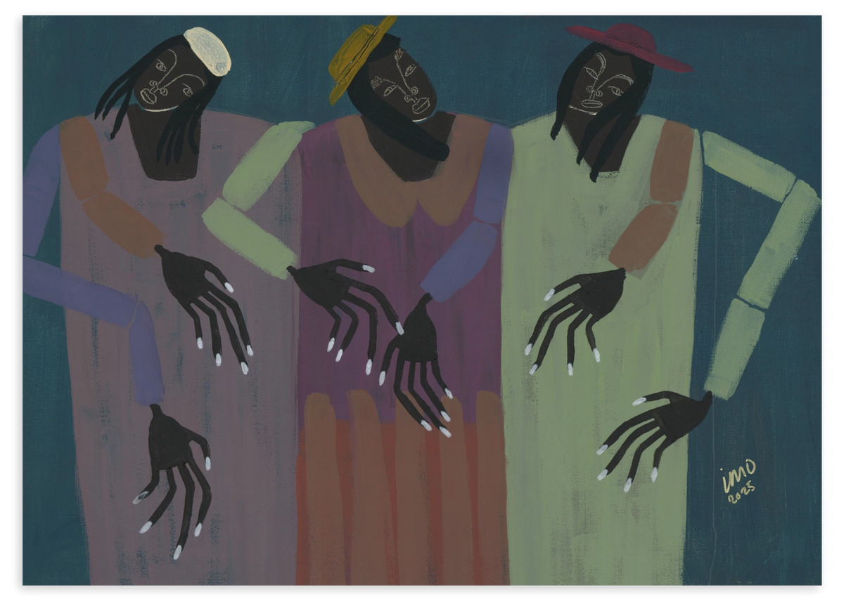 Quadro decorativo sem moldura de estilo orgânico e abstrato, com grupo de figuras femininas estilizadas, modelo My People. Disponível em kudeko.com