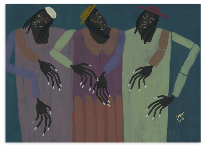 Quadro decorativo sem moldura de estilo orgânico e abstrato, com grupo de figuras femininas estilizadas, modelo My People. Disponível em kudeko.com