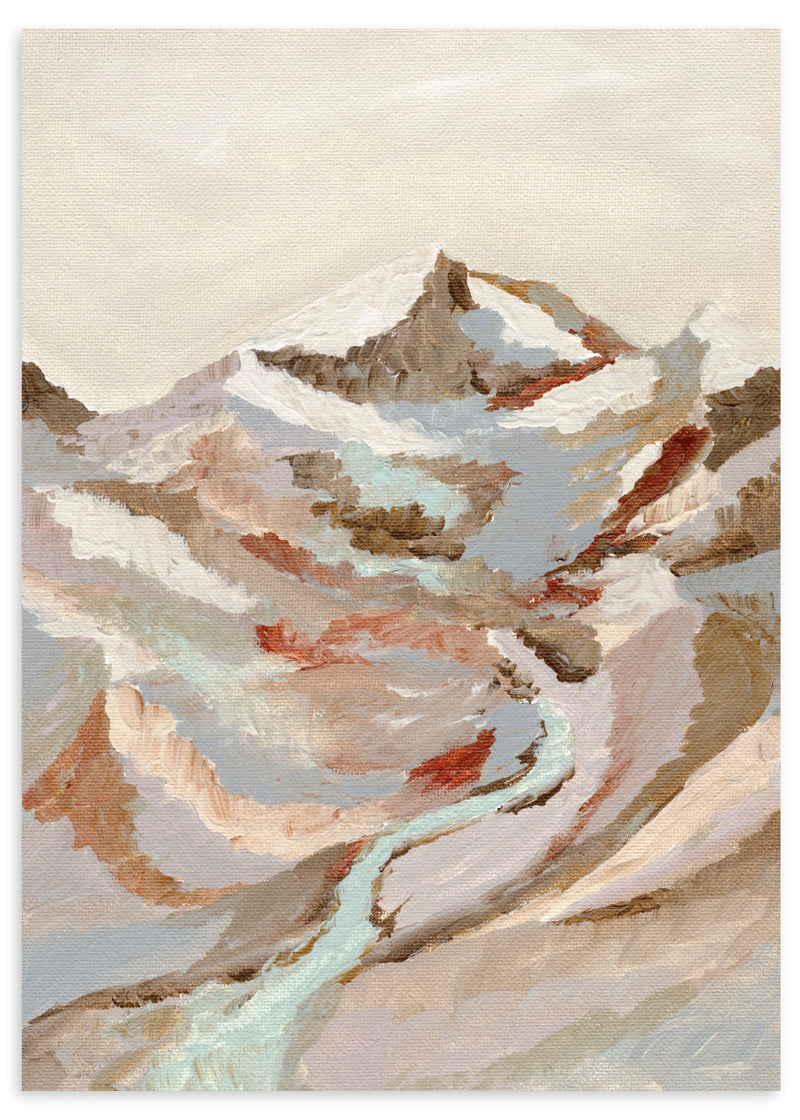 Quadro decorativo sem moldura de estilo orgânico e abstrato, paisagem abstrata de montanha com rio, modelo Painted Mountain River. Disponível em kudeko.com
