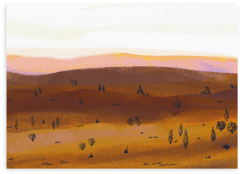 Lámina decorativa sin marco de estilo orgánico y abstracto, paisaje abstracto de colinas en tonos cálidos, modelo Siberia