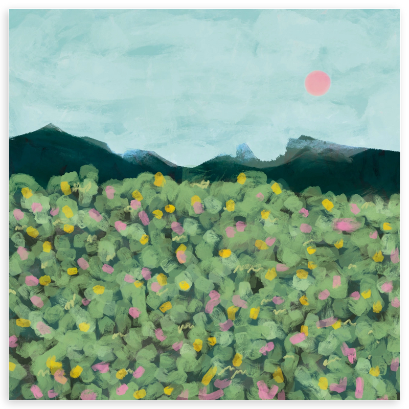 Lámina decorativa sin marco de estilo orgánico y abstracto, paisaje floral sereno de sierra, modelo Sierra serena