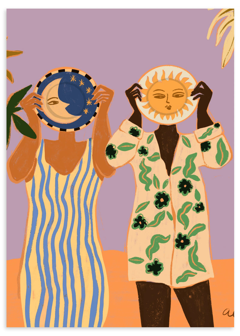 Dekoratives Wandbild ohne Rahmen im organischen und abstrakten Stil, grafische Illustration von Sonne und Mond, Modell Sun a Moon. Erhältlich auf kudeko.com