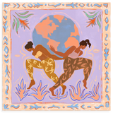 Lámina decorativa sin marco de estilo orgánico y abstracto, figuras femeninas bailando frente al mundo, modelo The World