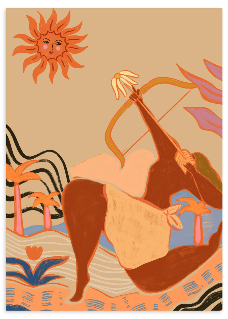 Lámina decorativa sin marco de estilo orgánico y colorido, figura femenina con arco en paisaje surrealista, modelo Bow And Arrow