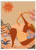 Lámina decorativa sin marco de estilo orgánico y colorido, figura femenina con arco en paisaje surrealista, modelo Bow And Arrow