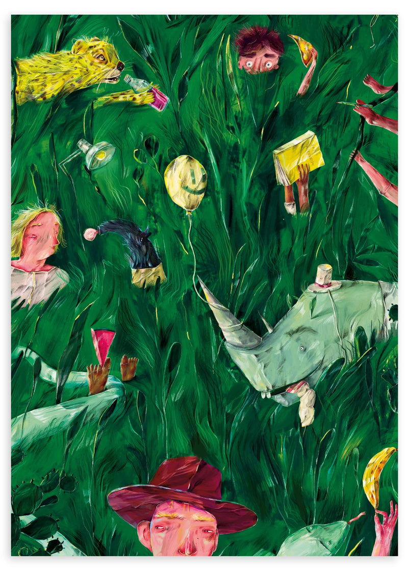 Lámina decorativa sin marco de estilo orgánico y colorido, escena selvática surrealista con animales y personajes, modelo Whimsical Jungle World