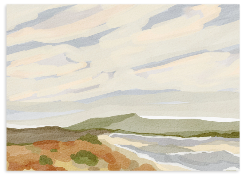 Rahmenloses dekoratives Wandbild im organischen und minimalistischen Stil, Küstenlandschaft in sanfter Aquarelloptik, Modell Echos of Dream. Erhältlich auf kudeko.com
