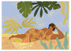 Lámina decorativa sin marco de estilo orgánico y minimalista, mujer descansando en una playa tropical, modelo Lazyday
