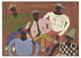 Lámina decorativa sin marco de estilo orgánico y minimalista, grupo de figuras estilizadas con sombreros, modelo Long Time No See