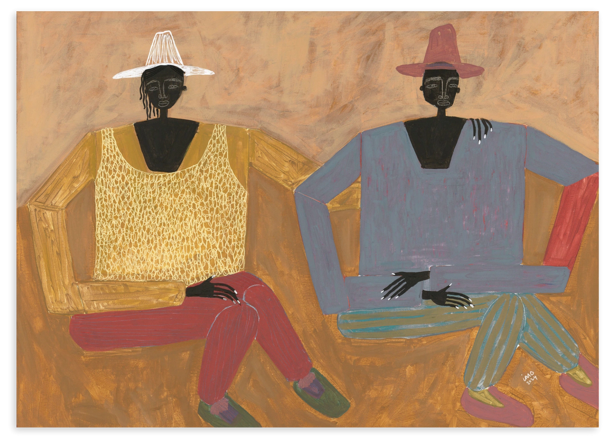 Quadro decorativo sem moldura de estilo orgânico e minimalista, retrato artístico de duas figuras sentadas, modelo Still Together. Disponível em kudeko.com