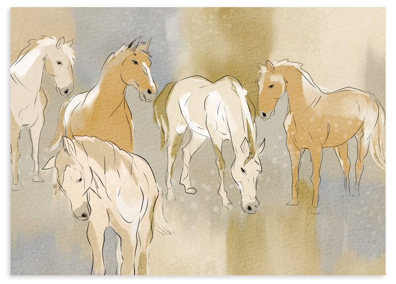 Lámina decorativa sin marco de estilo orgánico y sereno, manada de caballos en acuarela suave, modelo Graceful Horse Herd