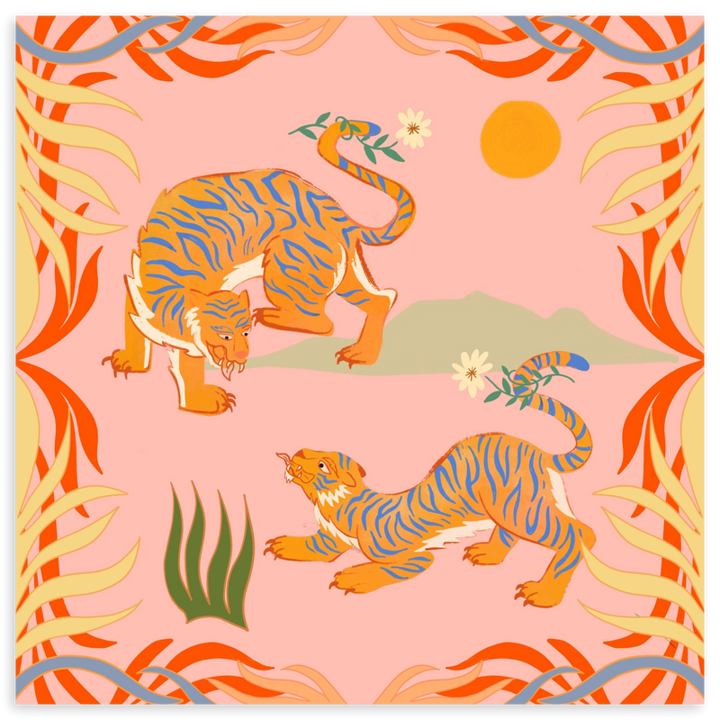 Rahmenloses dekoratives Wandbild in Pastelltönen und organischem Stil, illustrierte Tiger in tropischer Komposition, Modell Rawring Playmates. Erhältlich auf kudeko.com