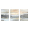 Conjunto de tres cuadros con paisaje abstracto de horizonte suave, agua y tierra en tonos beige, gris, blanco y matices dorados, de estilo abstracto. Disponible en kudeko.com