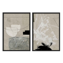 Conjunto de dois quadros com formas abstratas em bege, branco, cinzento e preto, linhas finas, fundo texturado e composições orgânicas de estilo contemporâneo. Disponível em kudeko.com