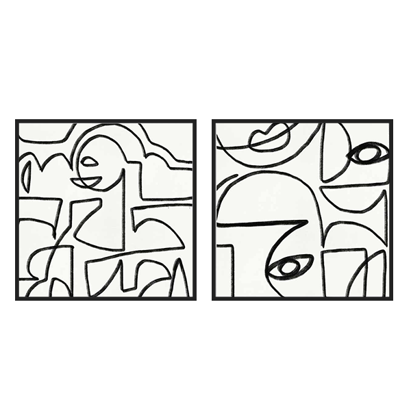 Conjunto de dos cuadros abstractos con rostros lineales en blanco y negro, tienda kudeko.com