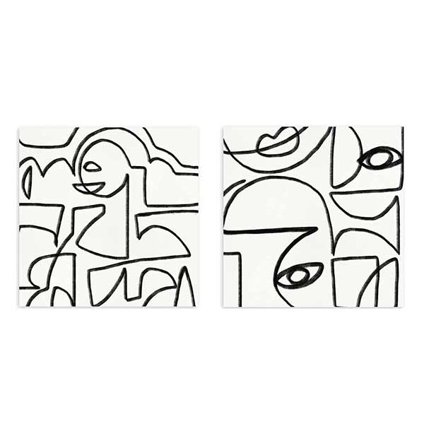 Conjunto de dois quadros com rostos abstratos em linhas pretas contínuas sobre fundo branco, composição monocromática de estilo minimalista e contemporâneo para decoração de parede. Disponível em kudeko.com