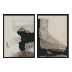 Conjunto de dois quadros com composição abstrata em preto, bege, taupe e branco cru, com formas amplas, blocos irregulares e contraste suave de estilo contemporâneo. Disponível em kudeko.com