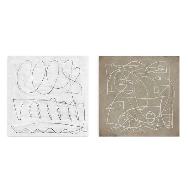 Ensemble de deux tableaux avec compositions abstraites, lignes courbes et formes géométriques en blanc cassé, beige chaud et noir, dans un style abstrait contemporain et épuré. Disponible sur kudeko.com