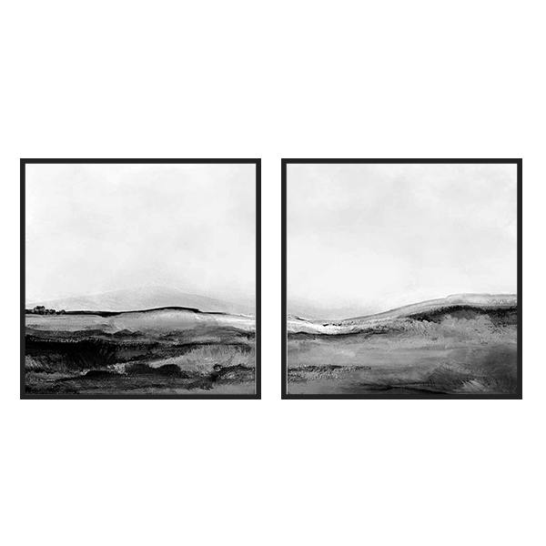 Conjunto de dos cuadros cuadrados abstractos en blanco y negro con paisajes monocromáticos, tienda kudeko.com