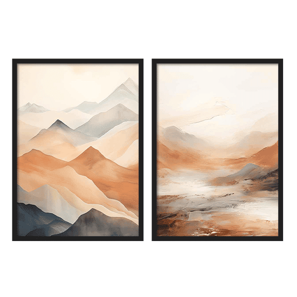 Conjunto de dos cuadros abstractos en tonos tierra, representación de paisaje montañoso