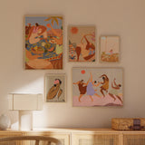 Mural decorativo de cinco piezas de estilo mar_y_playa y orgánico, mural ilustrado de verano con figuras, playa y flores, modelo Mural III - Together