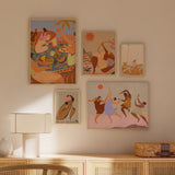 Mural decorativo de cinco piezas de estilo mar_y_playa y orgánico, mural ilustrado de verano con figuras, playa y flores, modelo Mural III - Together