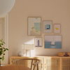Mural decorativo de cinco piezas de estilo minimalista y tonos_pastel, mural veraniego de limones, ventana azul y faro marino, modelo Mural III - El color del verano
