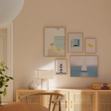 Mural decorativo de cinco piezas de estilo minimalista y tonos_pastel, mural veraniego de limones, ventana azul y faro marino, modelo Mural III - El color del verano