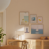 Mural decorativo de cinco piezas de estilo minimalista y tonos_pastel, mural veraniego de limones, ventana azul y faro marino, modelo Mural III - El color del verano