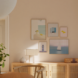 Mural decorativo de cinco piezas de estilo minimalista y tonos_pastel, mural veraniego de limones, ventana azul y faro marino, modelo Mural III - El color del verano
