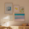 Mural decorativo de cinco piezas de estilo minimalista y tonos_pastel, mural veraniego con ventana azul, limones y aire mediterráneo, modelo Mural III - Esencia del verano