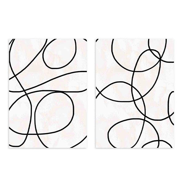 Conjunto de dos cuadros con líneas negras curvas entrelazadas sobre fondo blanco y crema, composición abstracta de estilo minimalista. Disponible en kudeko.com