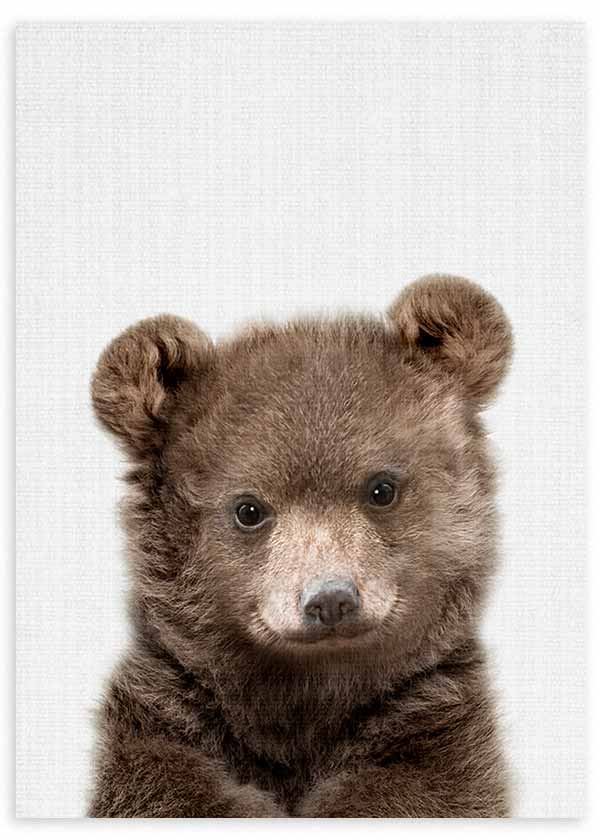 Tableau enfant avec petit ours brun sur fond blanc, décoration douce et épurée pour chambre de bébé. Disponible sur kudeko.com