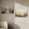 Horizontales Wandbild mit Flusslandschaft zwischen verschwommenen Bäumen und sanften Hügeln in Beige, Braun, Grau und Weiß, im Natur- und Landschaftsstil gestaltet. Erhältlich auf kudeko.com
