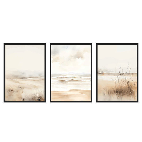 <b>Conjunto de&nbsp;tres cuadros abstractos </b>en tonos marfil, representación de paisaje de playa
