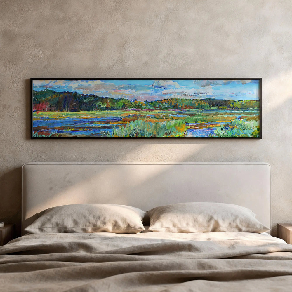 Quadro horizontal de natureza com uma paisagem vibrante mostrando um belo rio disponível em kudeko.com