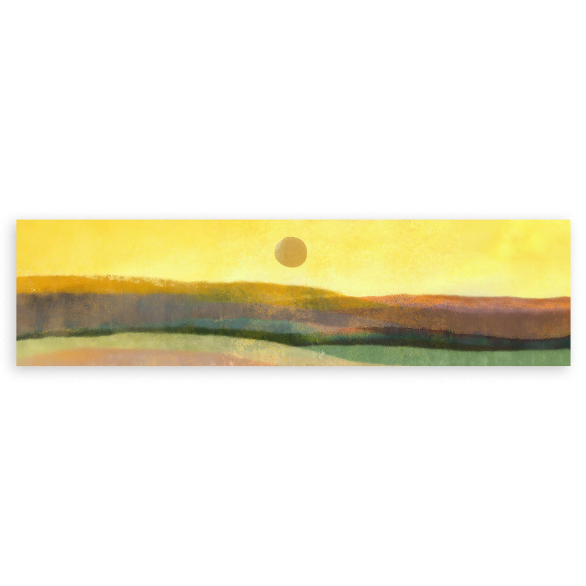 Cuadro horizontal de paisaje con sol sobre colinas, horizonte difuso, tonos amarillos, ocres, verdes suaves y estilo abstracto. Disponible en kudeko.com