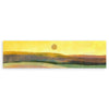 Horizontales Wandbild mit Landschaft, Sonne über sanften Hügeln, diffusem Horizont, gelben, ockerfarbenen, weich grünen Tönen und reduziertem abstraktem Stil. Erhältlich auf kudeko.com