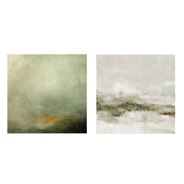 Ensemble de deux tableaux avec paysages abstraits d’horizon brumeux, dans des tons vert sauge, beige, blanc cassé et touches terreuses, au style abstrait sobre et apaisé. Disponible sur kudeko.com